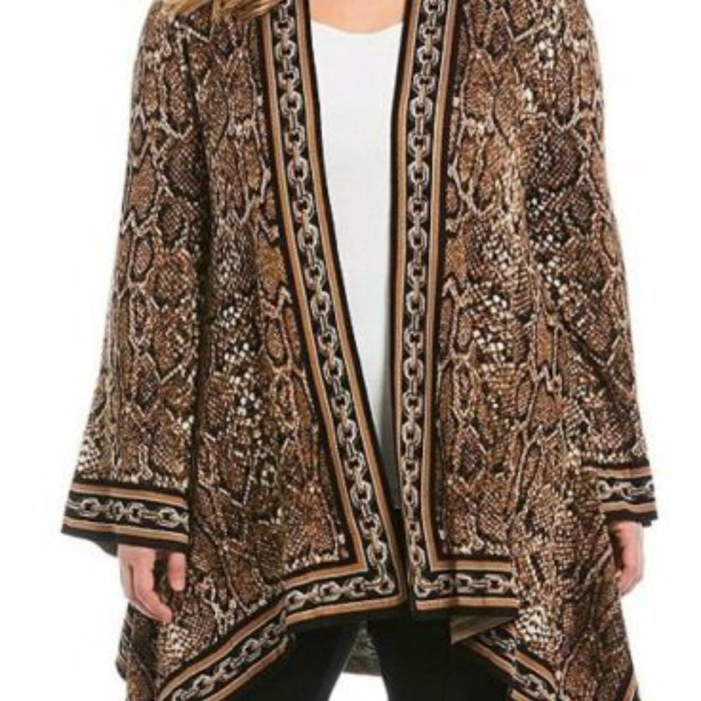 Ruby Rd. Women's Wild Mix Snake Jacquard Sharkbite Cardigan, Sable Multi Sz L - Picture 5 of 7